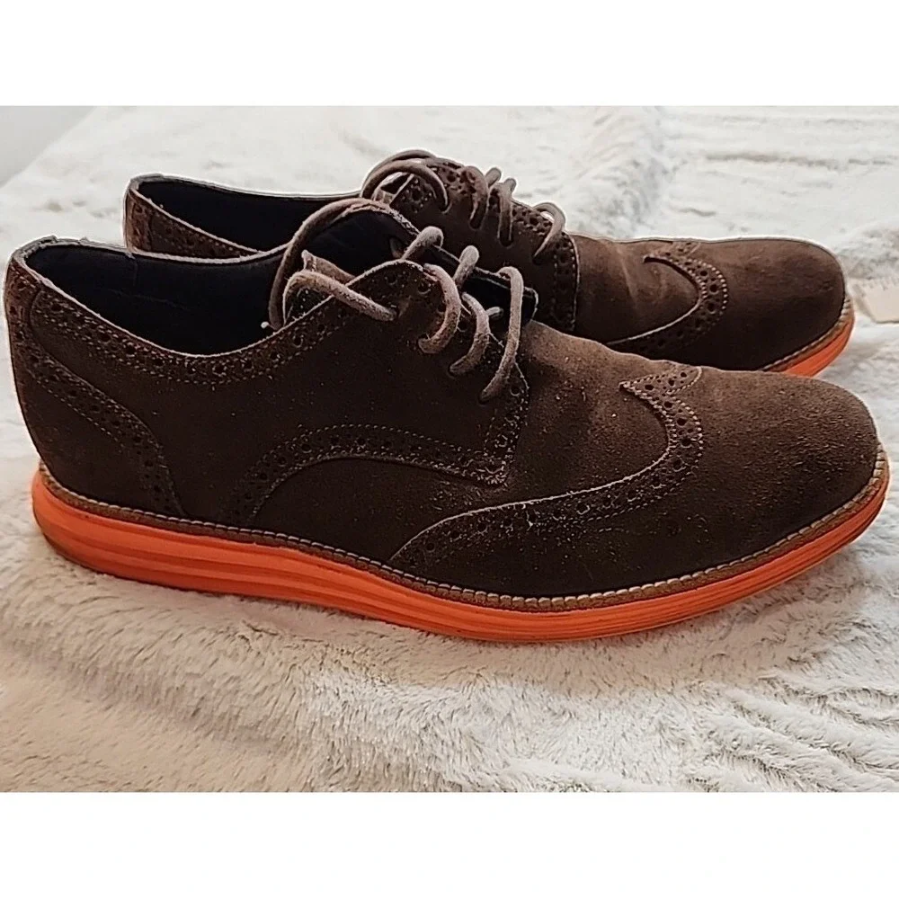 Cole Haan Shoes Mens 11 Lunargrand Wingtip Brown Suede Oxford Brogue Orange Sole